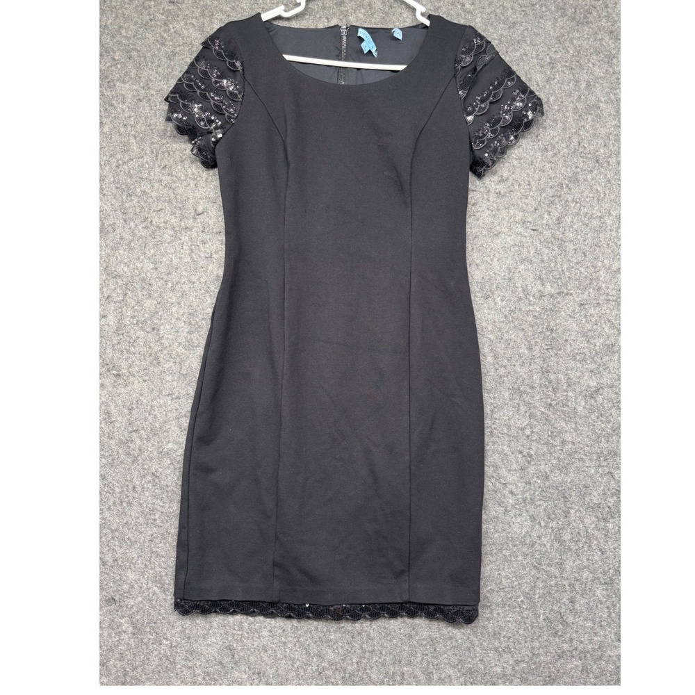 Adrianna Papell Black Sheath Dress Sequin Scalloped Lace Tiered Sleeve Womens 4